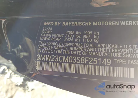 2025 BMW 230 I из США, поврежденный, VIN 3MW23CM03S8F25149